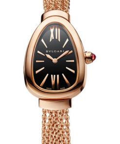 Đồng hồ Bulgari 102728 - Serpenti 27 mm - Rose GoldBvlgari Serpenti Watch - 27 mm Rose Gold Case - Black Dial - Rose Gold Bracelet 27 mm 18K rose gold case, 18K rose gold crown set with a pink cabochon-cut rubellite, black lacquered dial, quartz movement with hour-minute functions, rose gold bracelet. Water resistant to 50 m.
