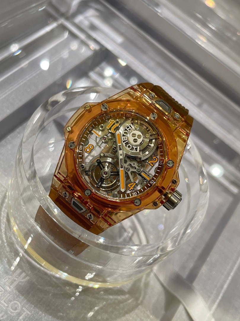 Đồng hồ Hublot Big Bang Tourbillon Sapphire màu cam tự động - 45 mm - Mặt số Sapphire - Dây đeo cao su màu cam trong suốt