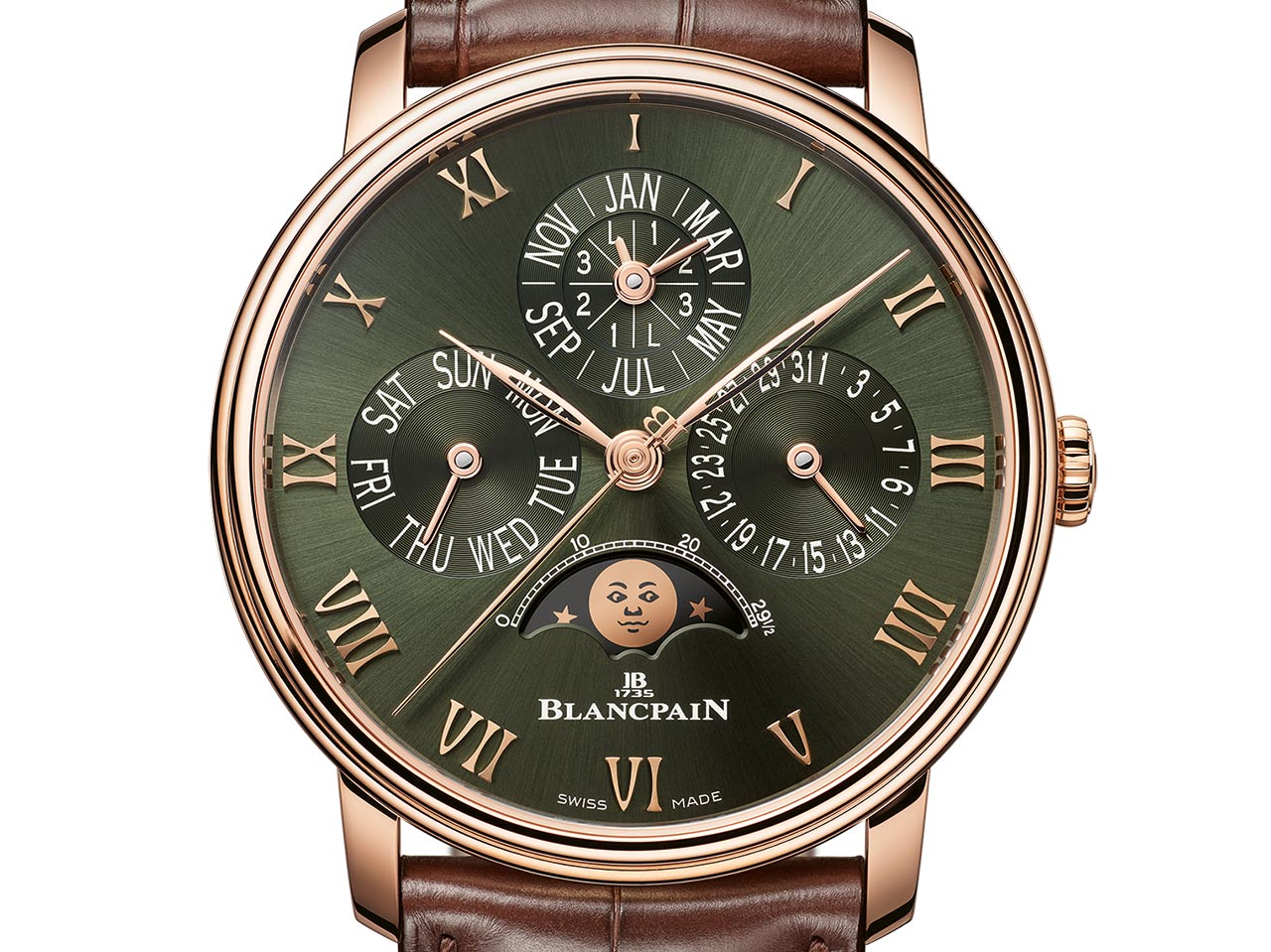 Blancpain phát hành Lịch vạn niên Villeret với Mặt số xanh cho năm nhuận 2 Blancpain Villeret Quantième Perpétuel với mặt số màu xanh lá cây