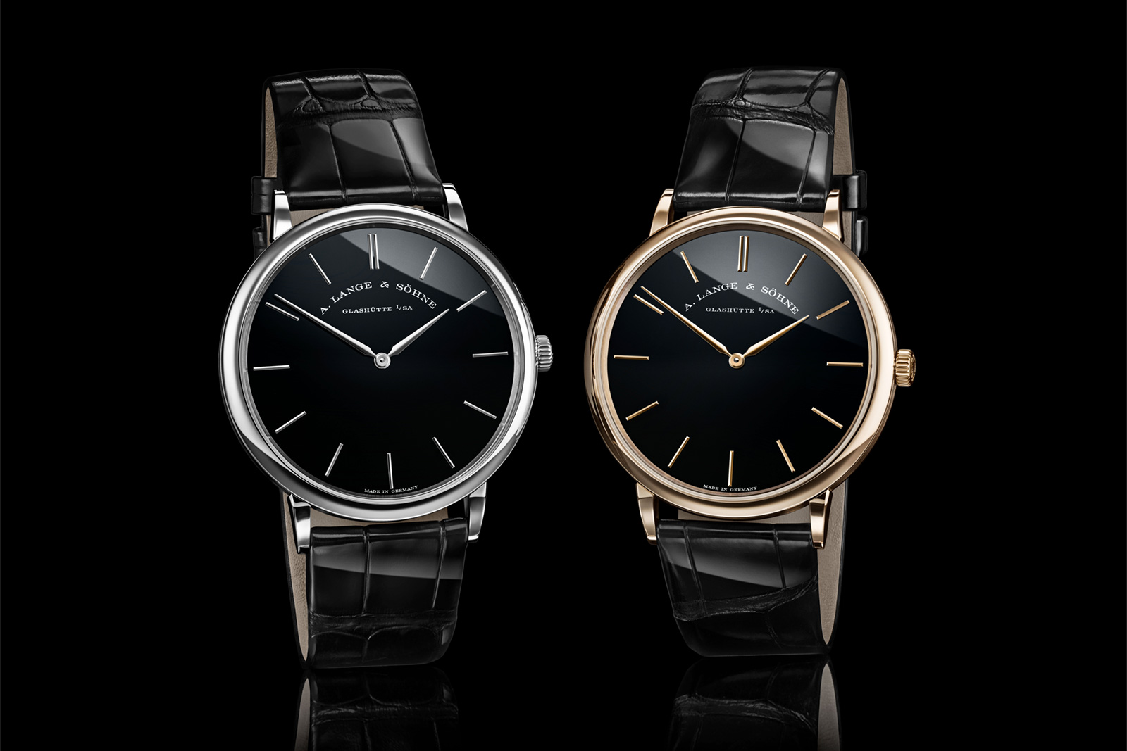 Mặt số onyx đen tỏa sáng trên hai phiên bản giới hạn A. Lange & Söhne Saxonia Thin bằng vàng Honeygold và bạch kim