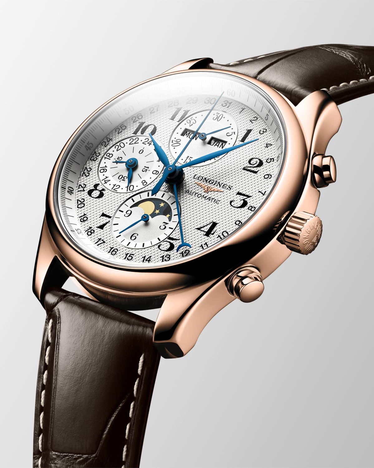 Longines Master Chronograph Moonphase: sự thanh lịch bằng vàng hồng với lịch đầy đủ 3 Longines Master Chronograph Moonphase mã tham chiếu L2.773.8.78.3